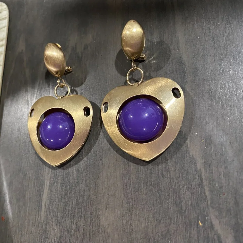 Gold Brush Metal Purple Stone Industrial Modernist Artsy Steampunk Earrings 2,5